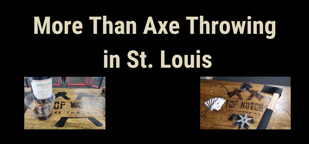 More than axe throwing in St. Louis photo of wine, ninja stars, throwing cards and a hachet